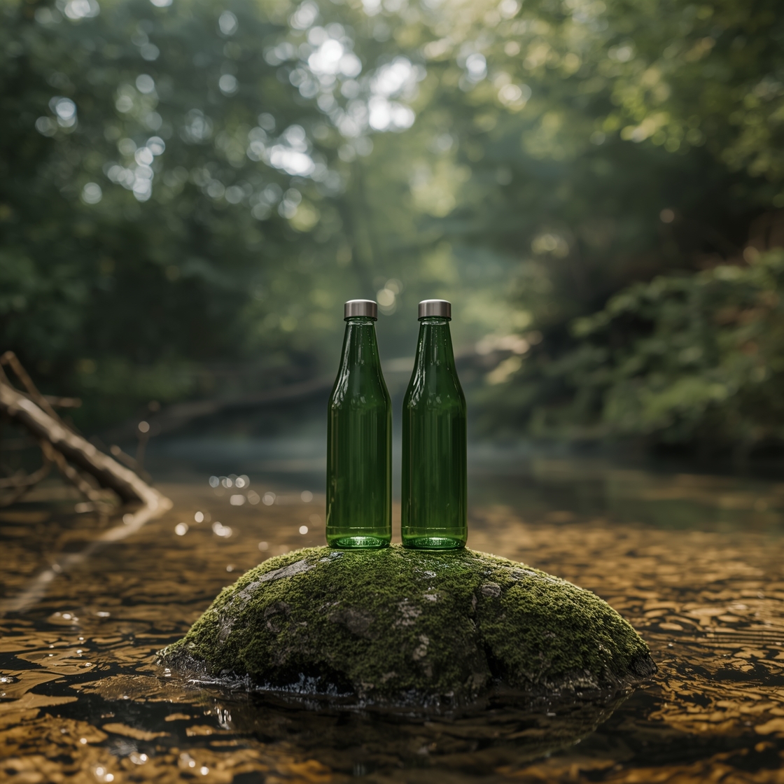Green glass water bottles beside a natural forest spring representing Mountain Valley's protected source