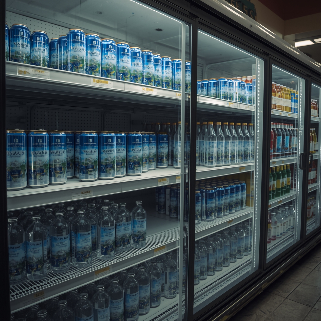 Supermarket sparkling water shelf with empty gaps showing reduced AHA distribution