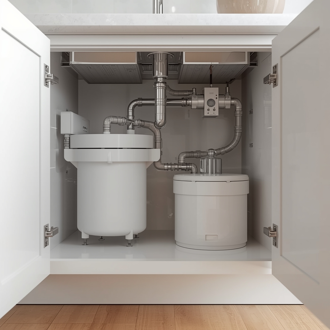 Under-sink reverse osmosis water filter system installed in a kitchen cabinet