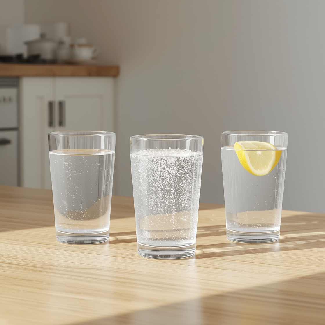 Three glasses of water comparing plain, electrolyte and mineral water for hydration