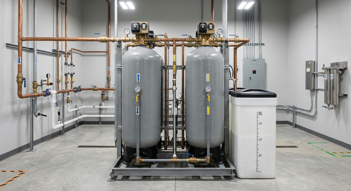 Industrial duplex water softener with twin resin tanks for continuous RO operation