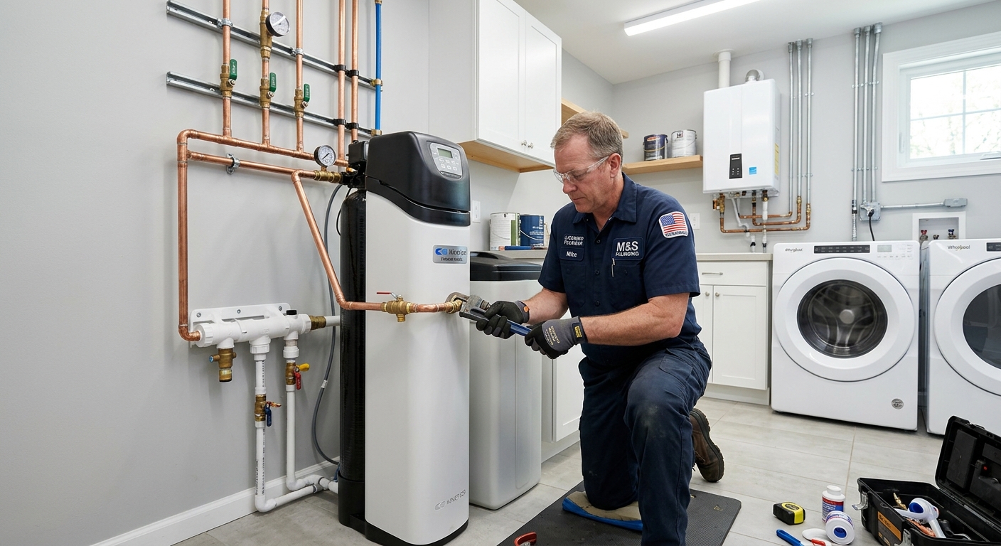 Plumber installing a water softener system