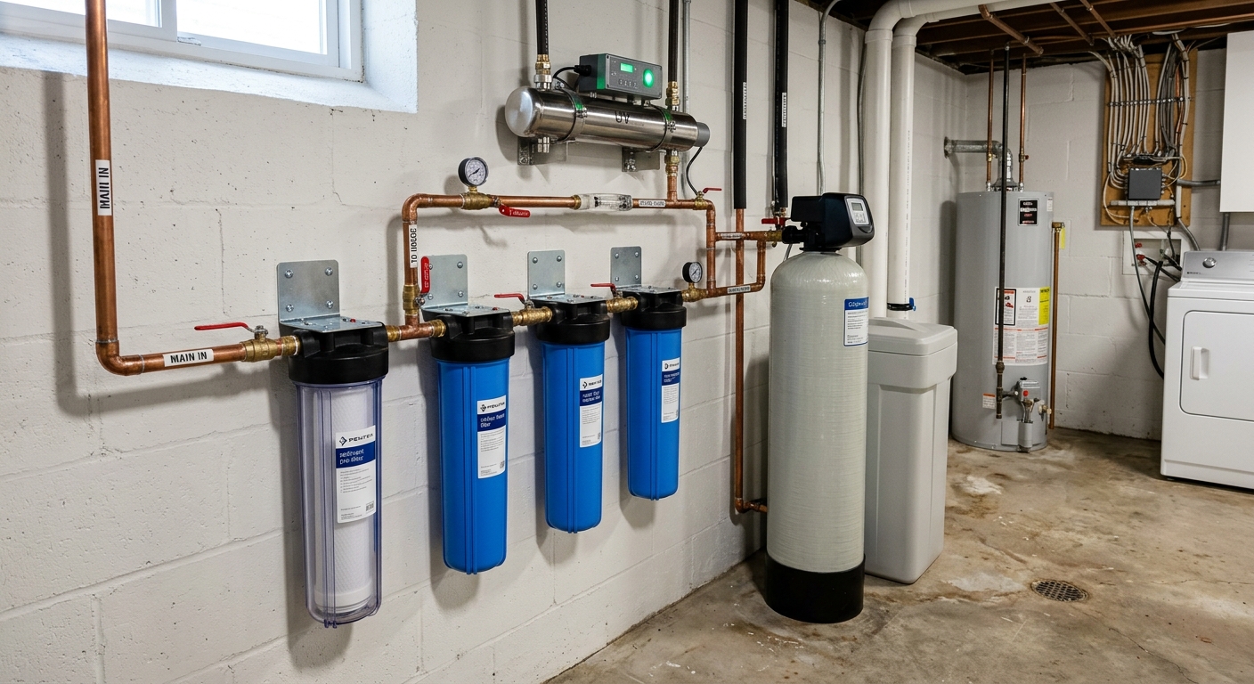 Whole house water filtration system installed in basement