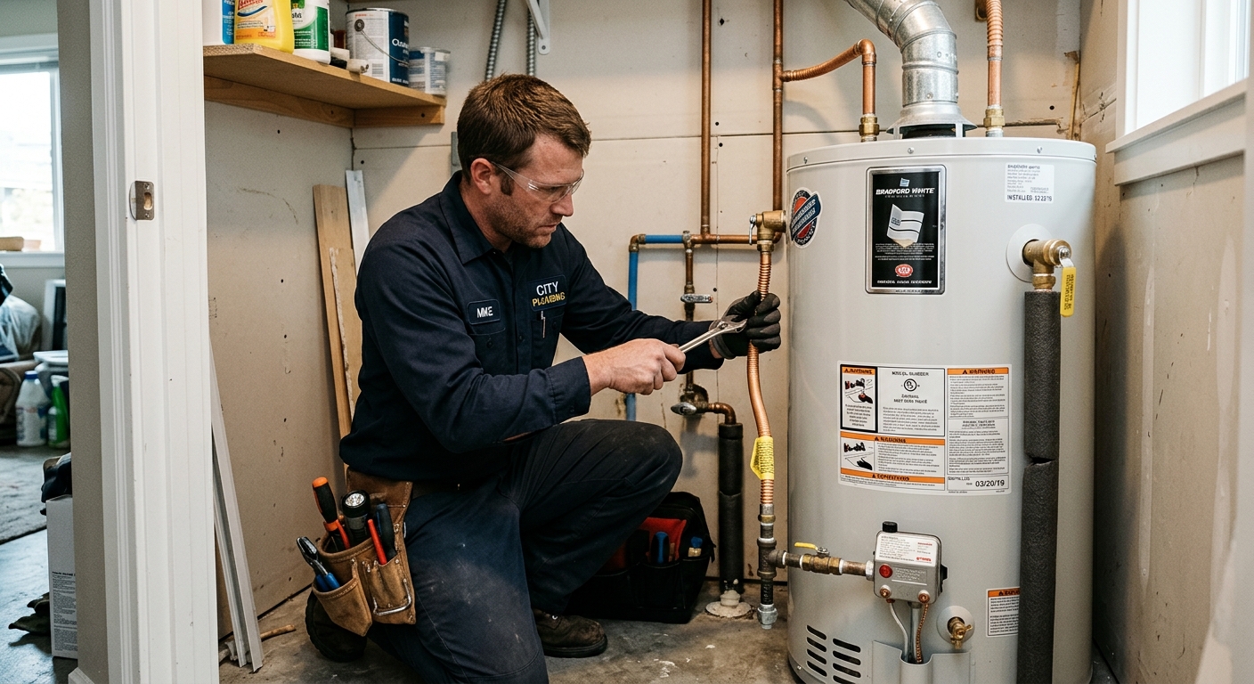 Plumber inspecting a water heater tank