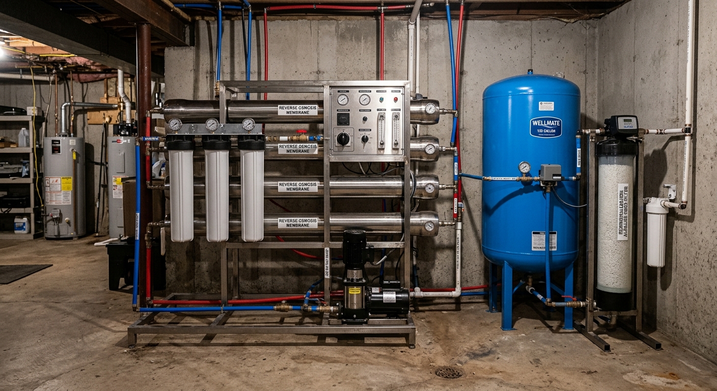 Whole house reverse osmosis system with pressure tank