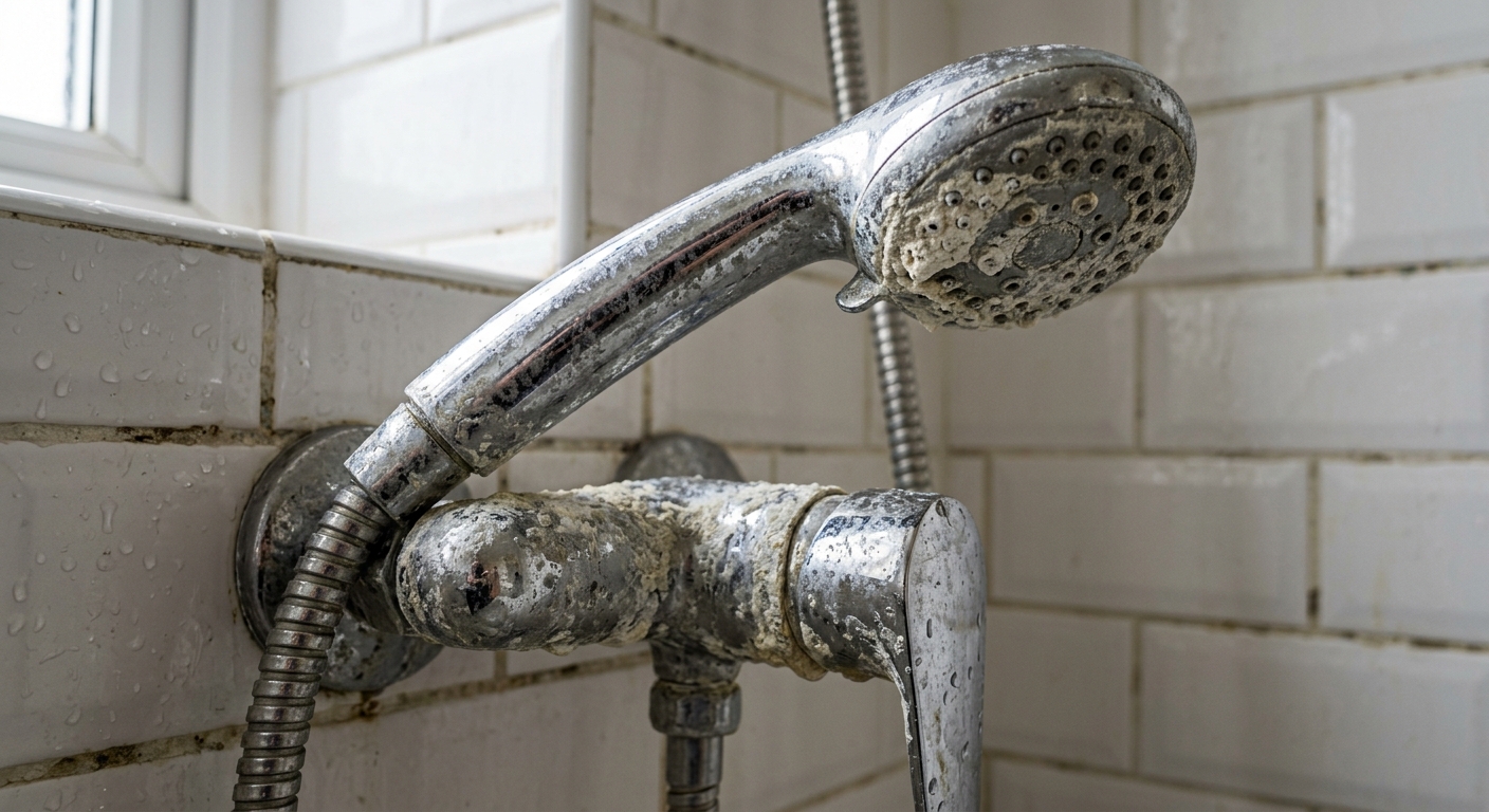Hard water limescale buildup on faucet