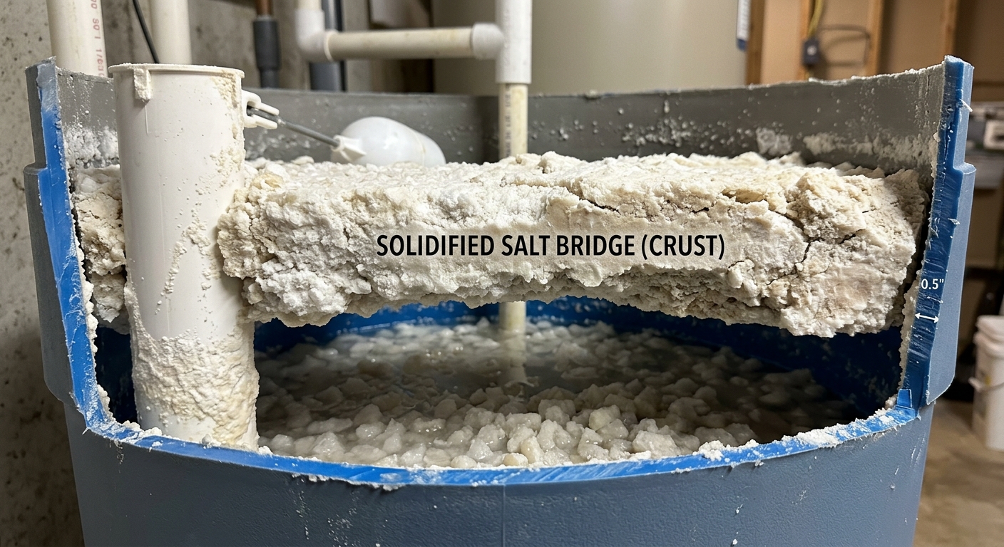 Salt bridge crust in water softener brine tank