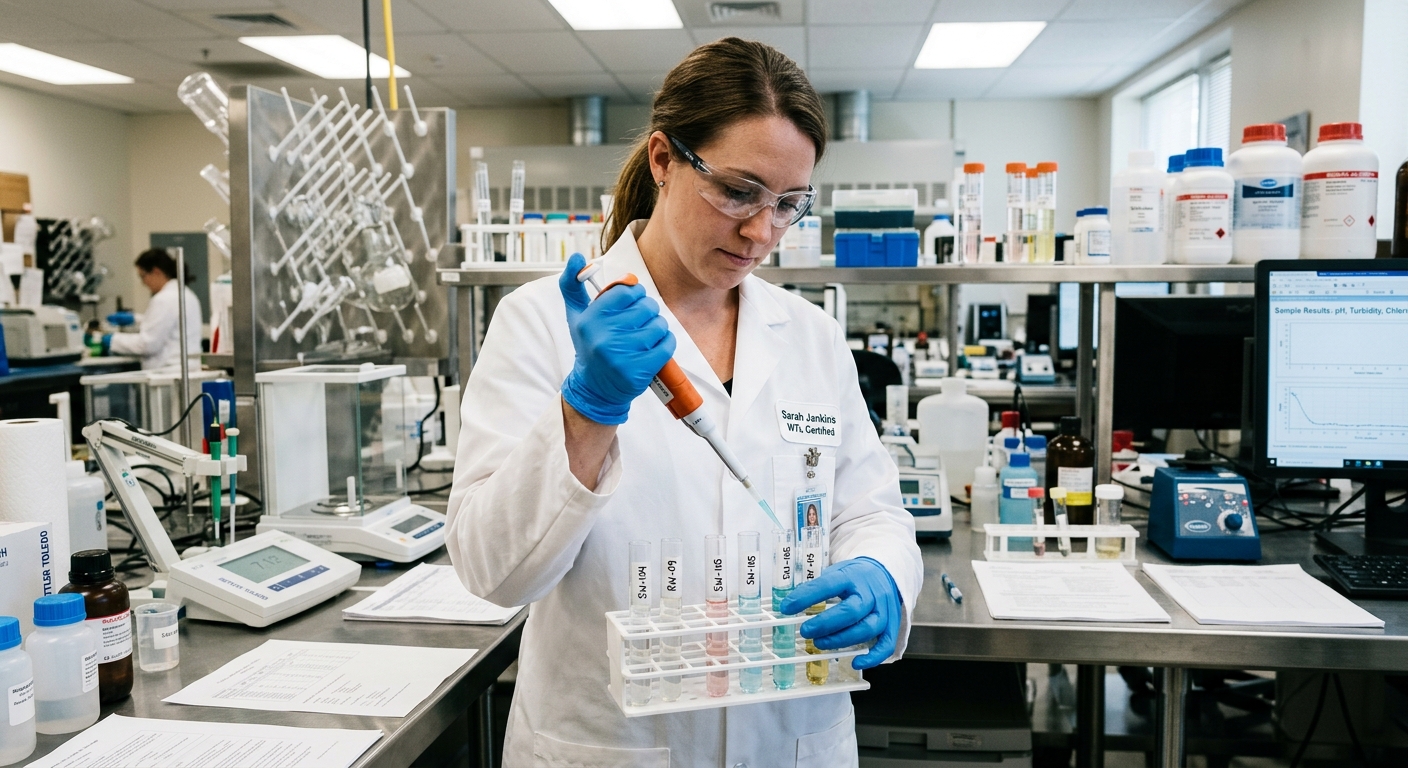 Lab technician testing well water samples
