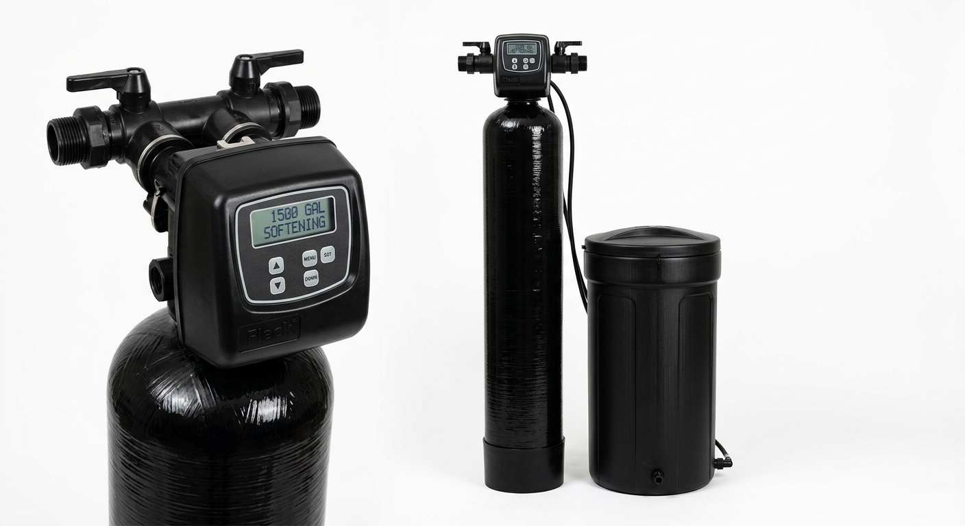 Fleck 5600SXT 48000 grain water softener with black resin tank, digital metered control head, and brine tank