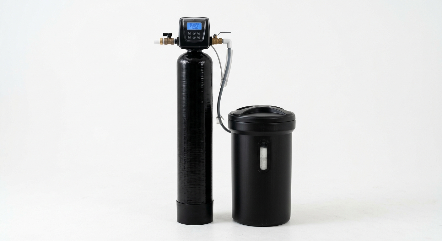 Aquasure Harmony Series water softener with black resin tank, digital metered display head, and brine tank for well water