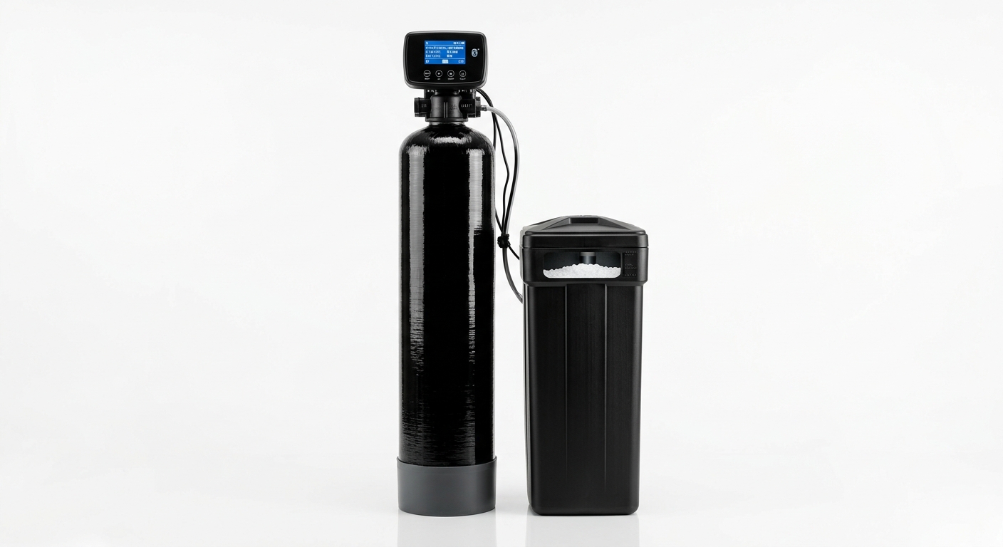 SpringWell SS1 salt-based water softener with black tank and Bluetooth digital control head