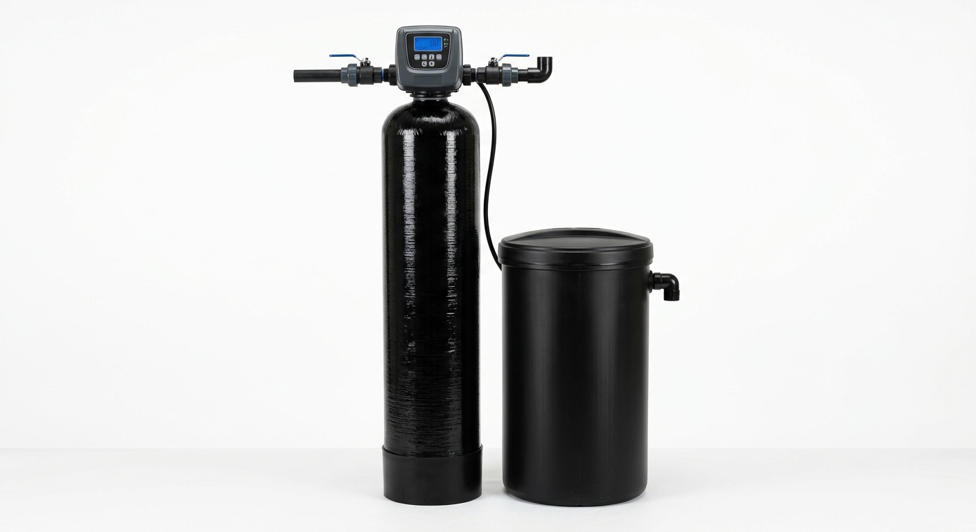 AFWFilters Iron Pro 2 whole house water softener and iron filter with black resin tank, Fleck 5600SXT digital valve, and round brine tank