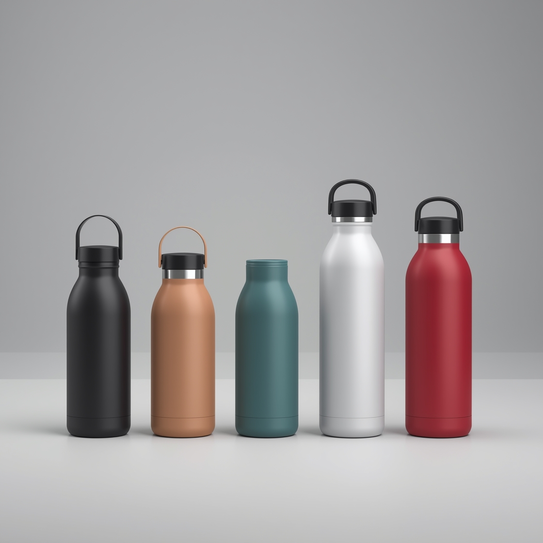 Row of stainless steel insulated water bottles in different sizes and colors