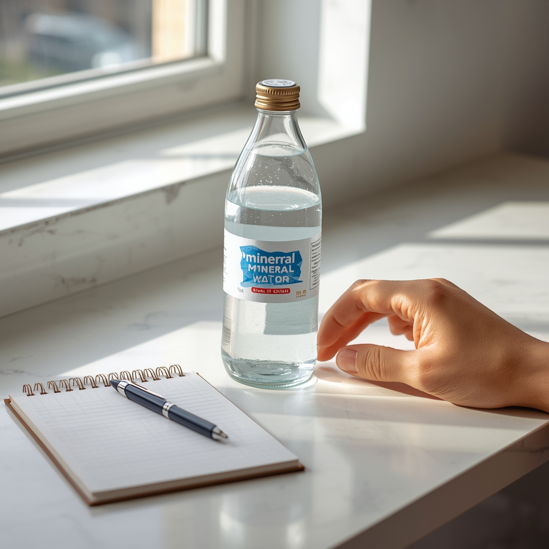 Glass bottle of mineral water beside a notepad for comparing mineral content