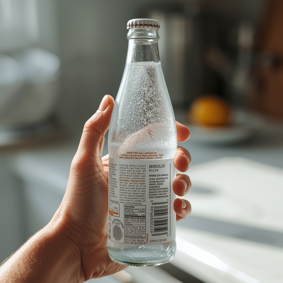 Hand holding a sparkling water bottle turned to read the sodium content on the nutrition label