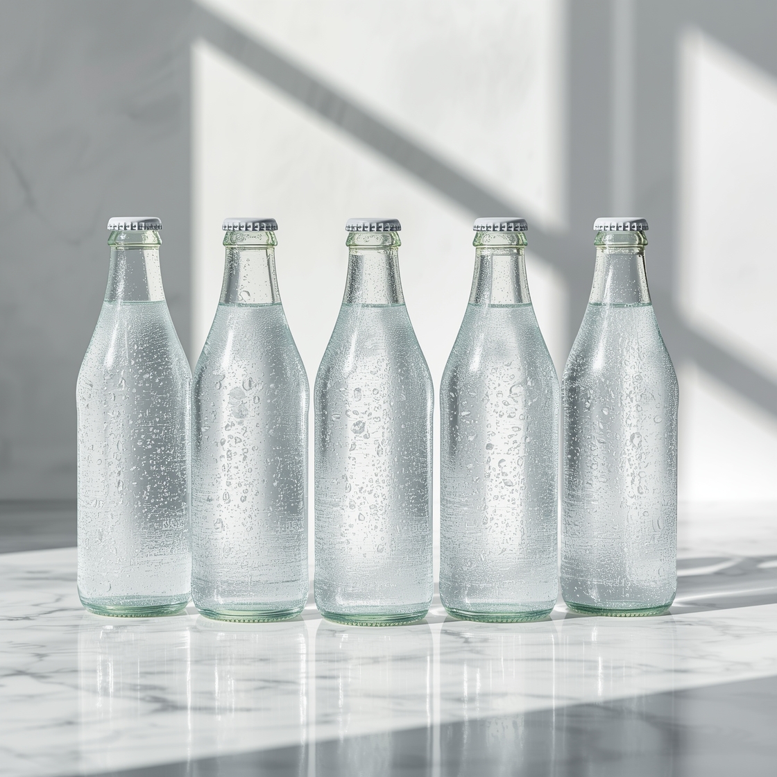 Lineup of glass bottles of unflavored plain sparkling water on a marble surface