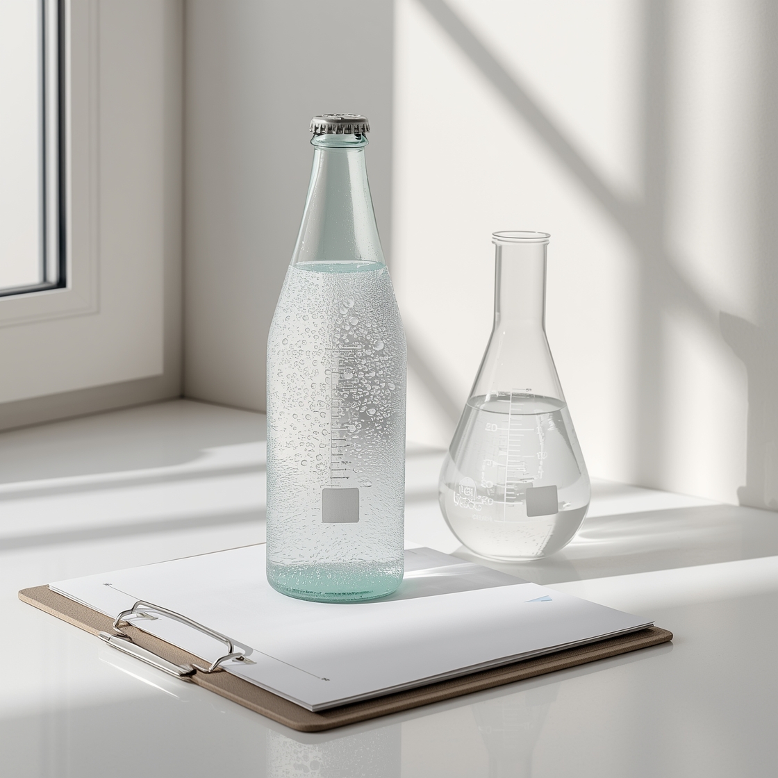 Glass bottle of sparkling mineral water beside laboratory testing equipment representing PFAS analysis