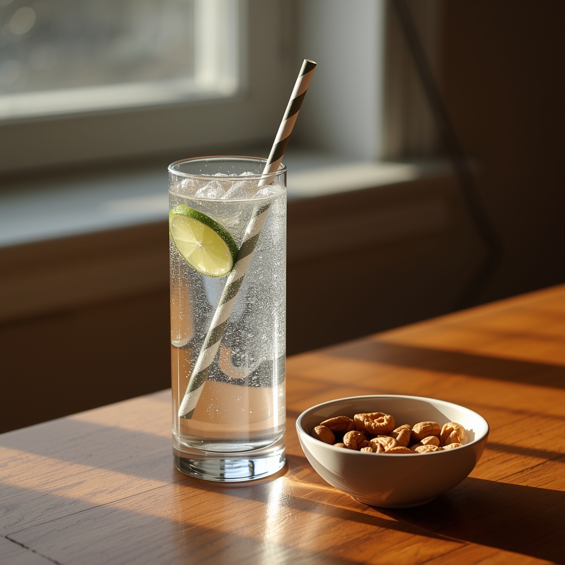 Glass of sparkling water with lime wedge and paper straw on a wooden table
