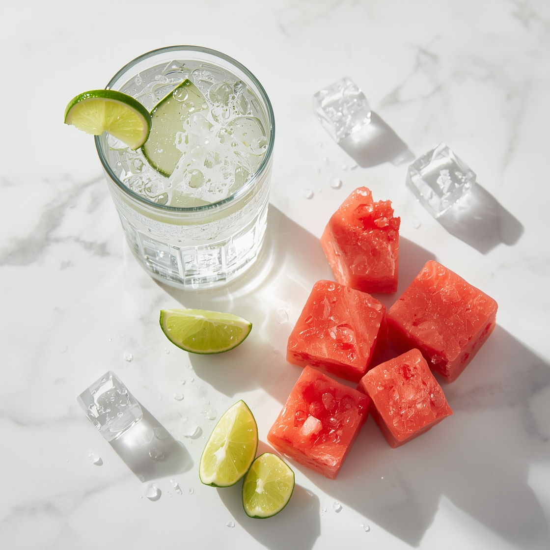 Glass of sparkling water with fresh lime wedges and watermelon cubes, illustrating AHA Lime + Watermelon flavor