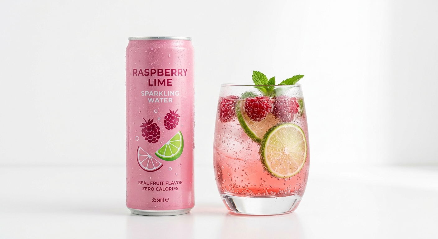 Spindrift raspberry lime sparkling water can and glass