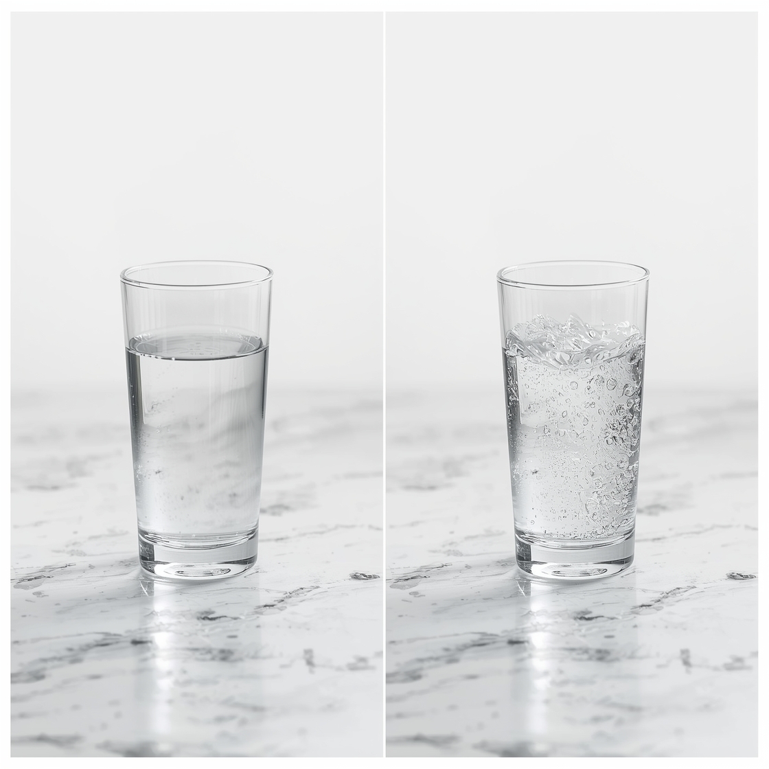 Still water glass beside a carbonated water glass showing bubbles, comparing PFAS test results