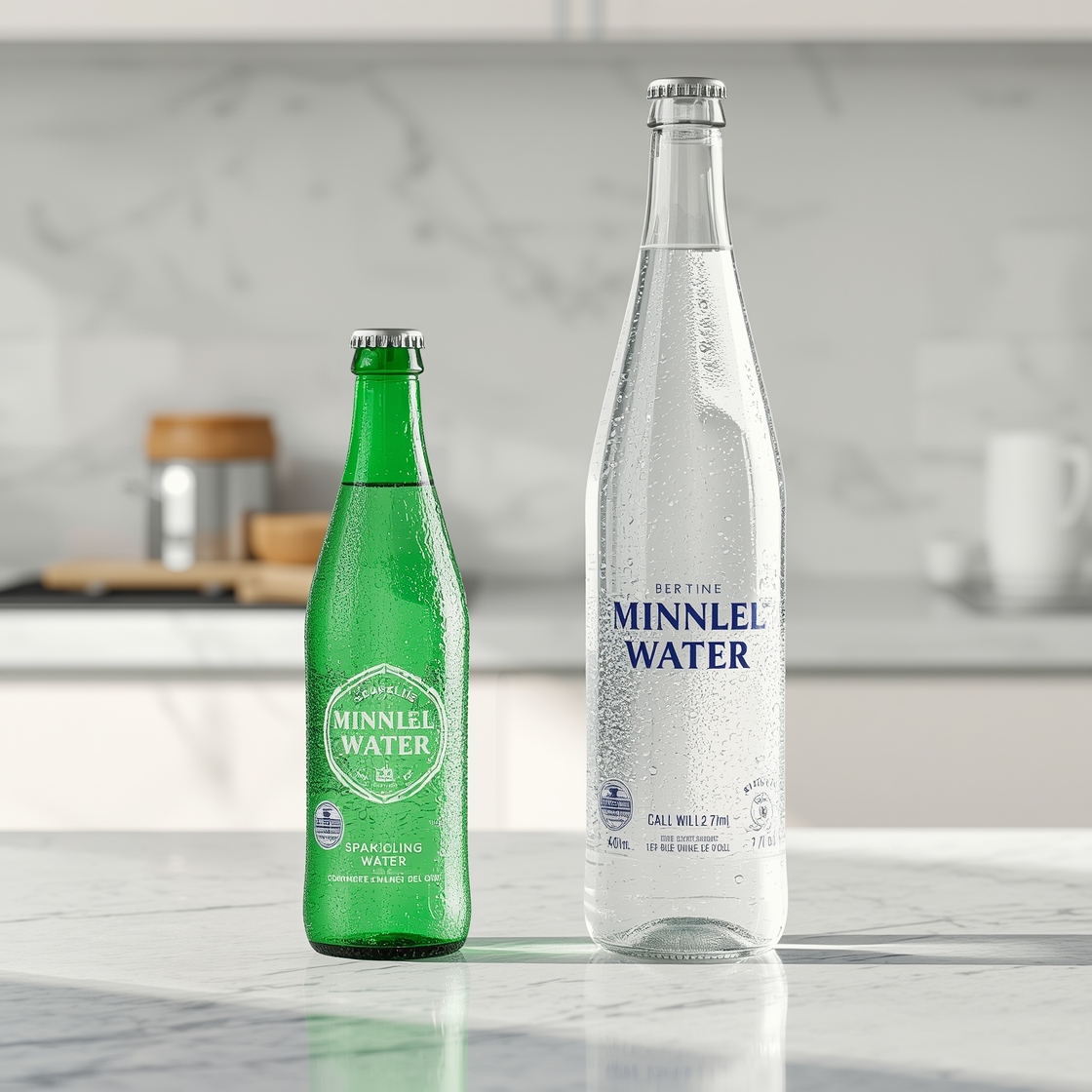 Two glass bottles of sparkling mineral water side by side comparing Topo Chico and San Pellegrino