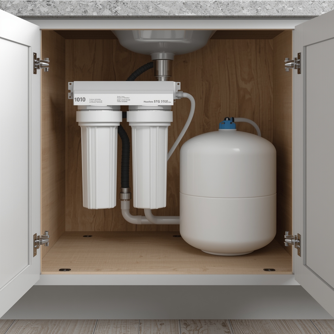 Under-sink reverse osmosis system installed in a kitchen cabinet with filter housings and tubing
