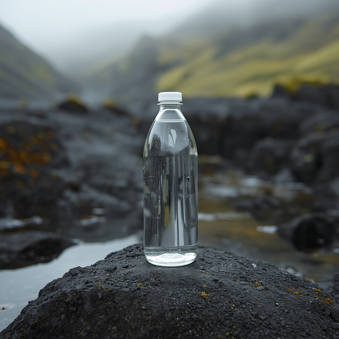 Glass water bottle on volcanic rock beside an Icelandic natural spring