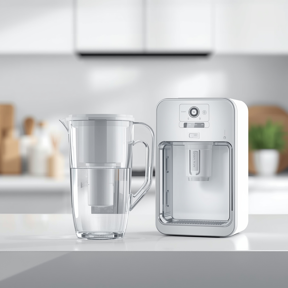 Water filter pitcher and countertop filtration unit side by side on a kitchen counter