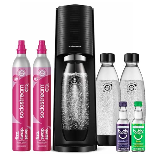 SodaStream TERRA Sparkling Water Maker, Value Bundle, CQC CO2 System, Includes 2 Quick Connect 60L CO2 Cylinders, 3 Dishwasher Safe BPA Free Bottles, 2 bubly Flavor Drops, Make your own Pepsi, Black
