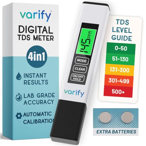 Varify TDS Meter Digital Water Tester for Drinking Water Instant 4in1 Test | Extra Batteries Included, Instant Results, Aquarium Safe, Hydroponics Ready, Portable Design, Accurate PPM Readings