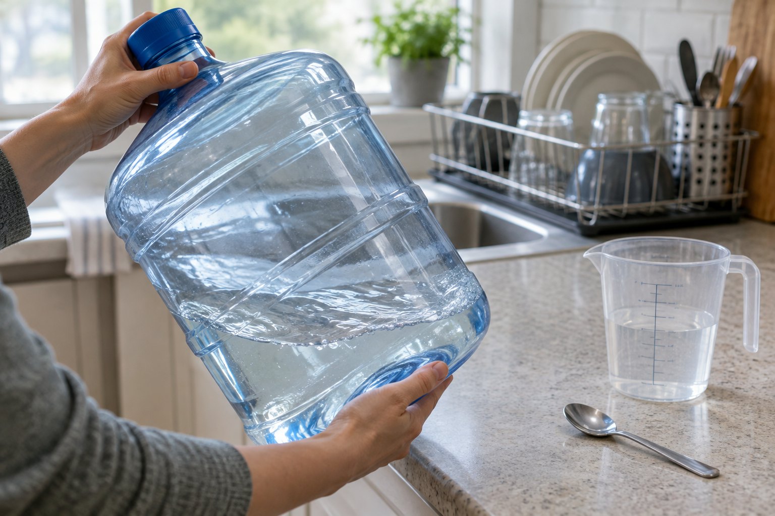 Shaking a capped 5 gallon water jug so the bleach sanitizing solution reaches every inside surface