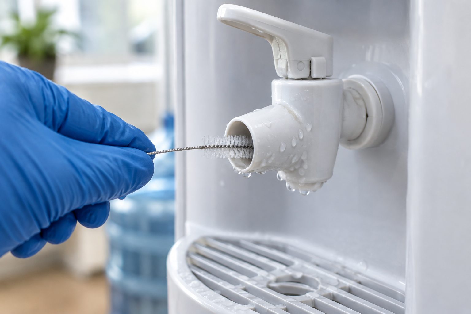 Scrubbing inside a water cooler spigot with a small tube brush during cleaning