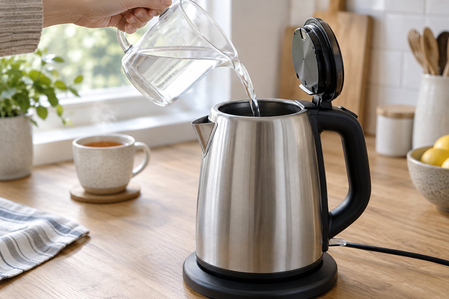 Pouring white vinegar into an electric kettle to descale limescale on the heating plate