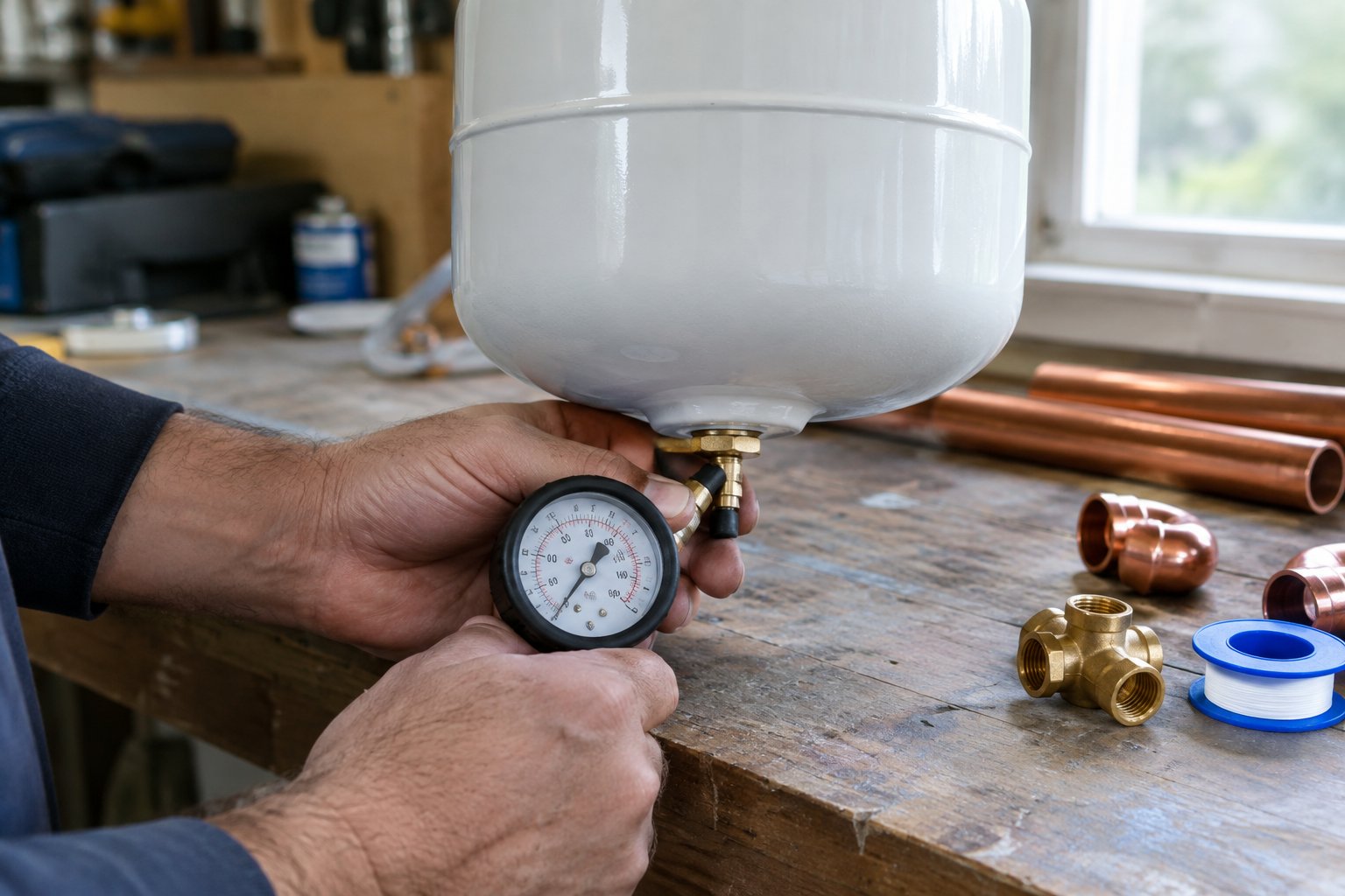 Checking the air pre-charge of a small thermal expansion tank with a tire gauge before installation