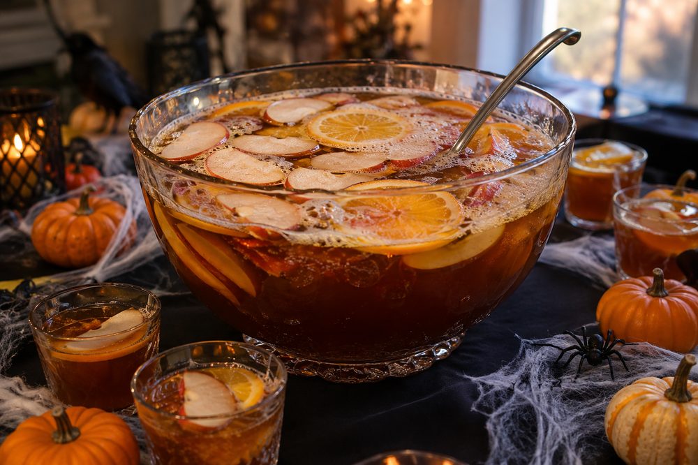 A glass punch bowl of apple cider and grape juice graveyard punch with sparkling water, apple slices and orange wheels on a Halloween table