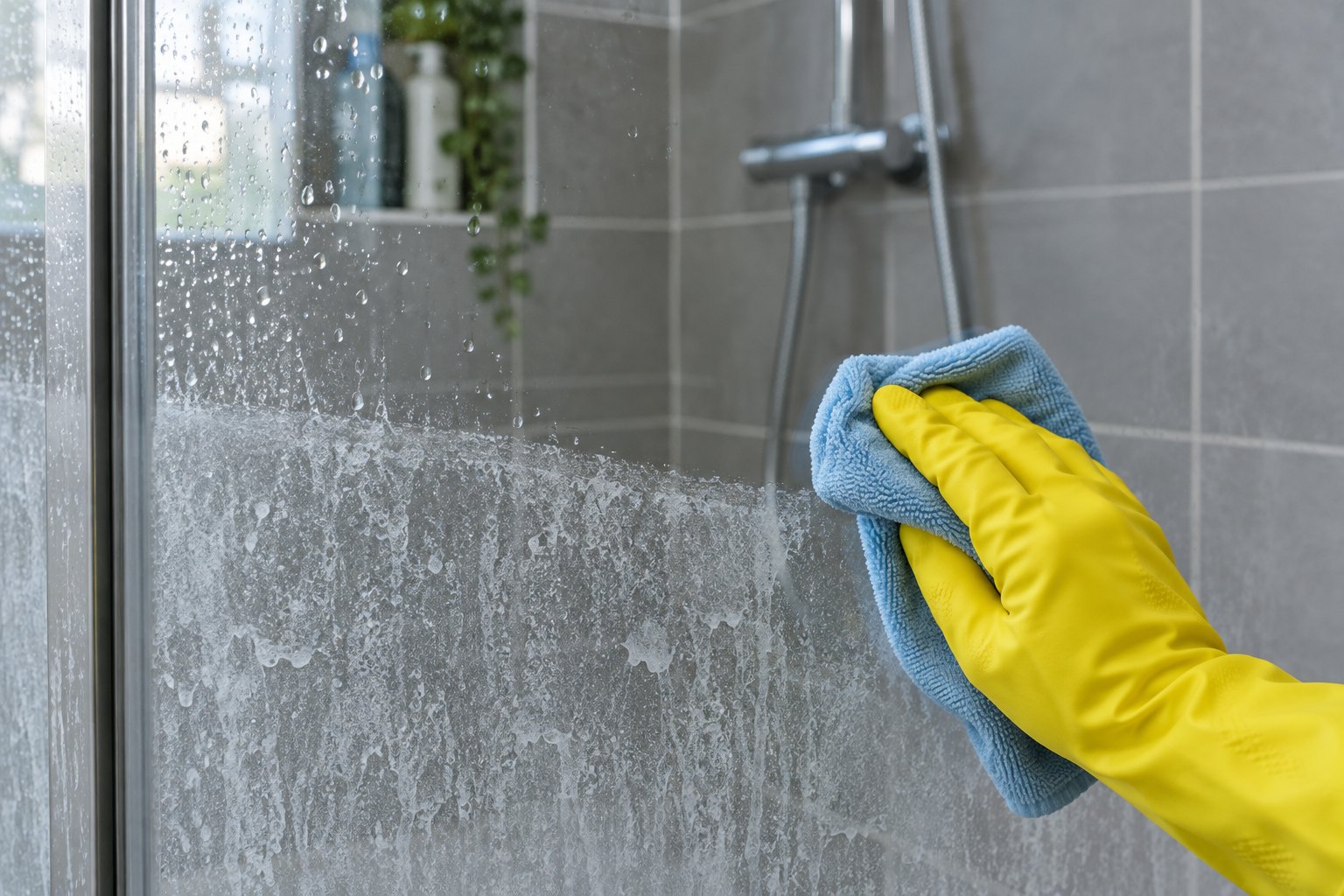 Wiping soap scum off the lower half of a glass shower door with a soft cloth