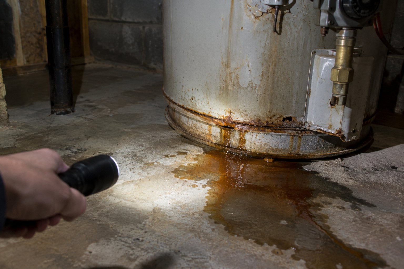 Rust and a puddle of rusty water at the base of an old tank water heater in a basement