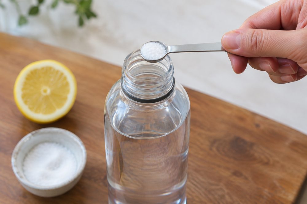 Measuring 1/8 teaspoon of salt into a bottle of water next to a halved lemon