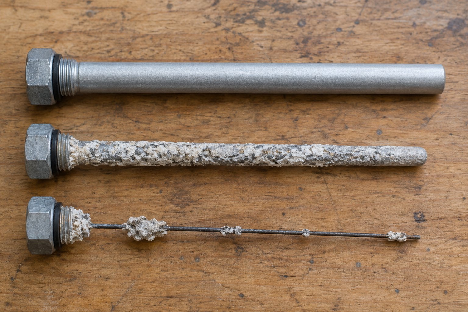 A new magnesium anode rod next to a pitted, partly depleted rod and a fully depleted rod with its steel core wire showing