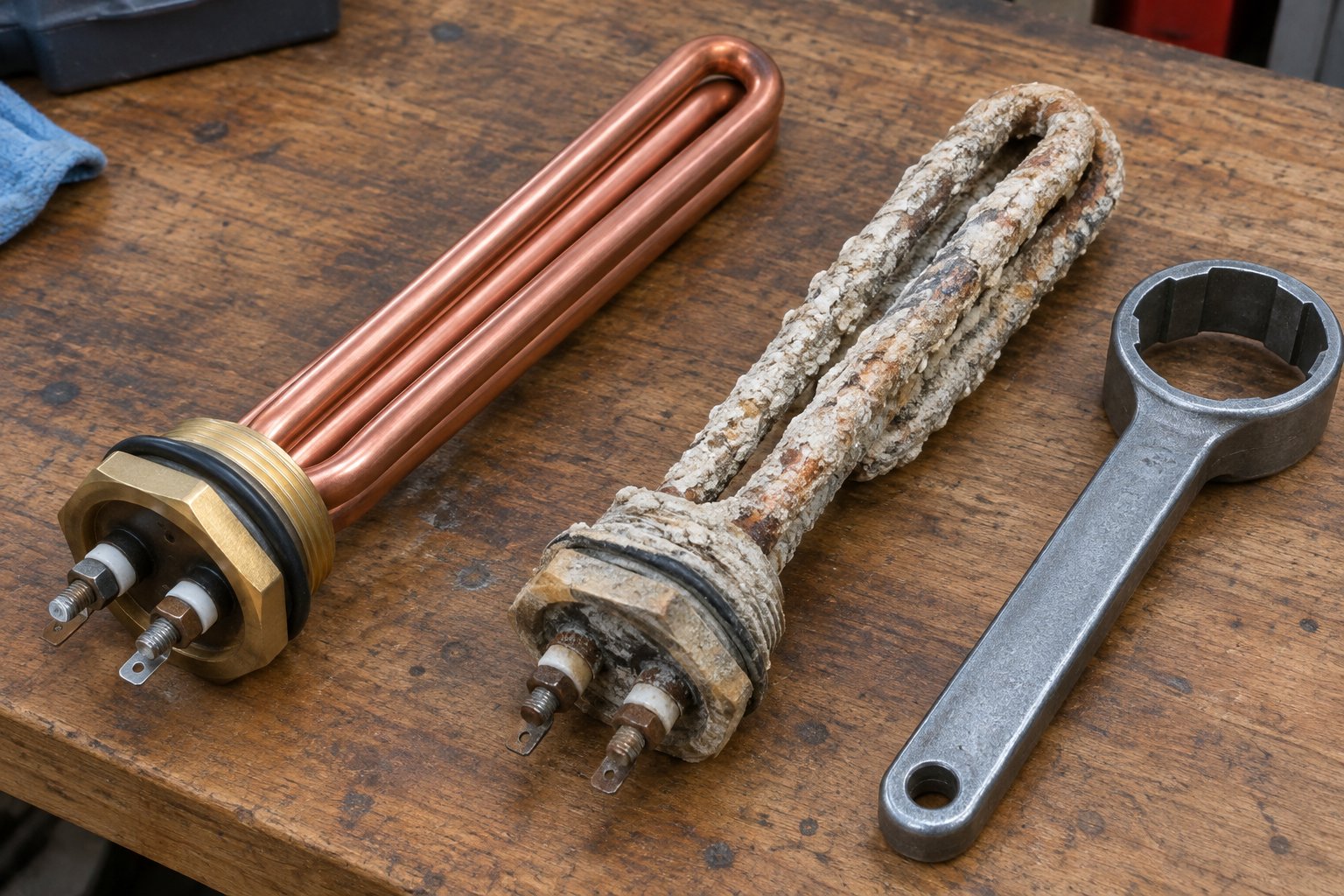 A new screw-in water heater heating element beside an old one coated in white mineral scale
