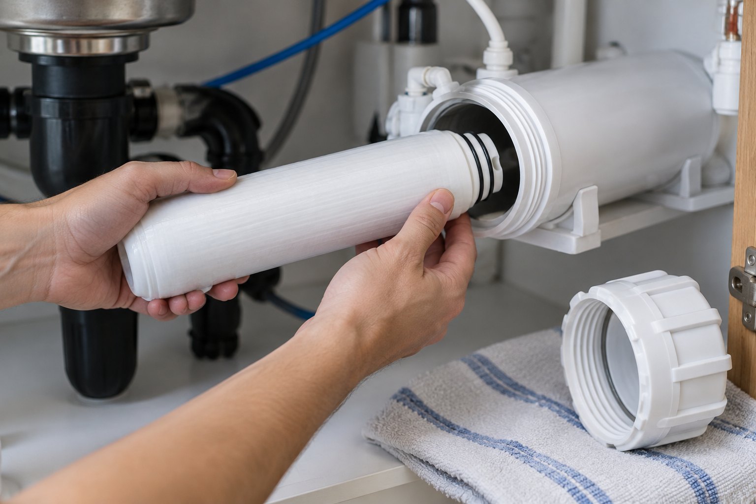 Inserting a new reverse osmosis membrane into its housing with the double O-ring end going in first