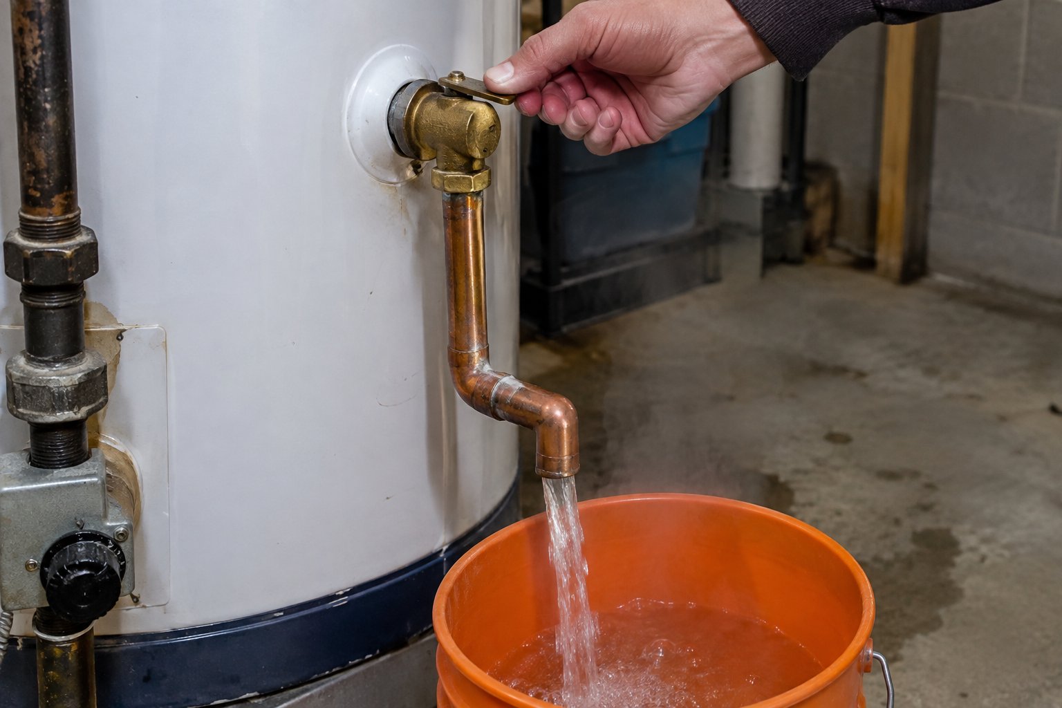A hand lifting the brass test lever of a T&P relief valve on a water heater while water runs out of the discharge pipe into a bucket