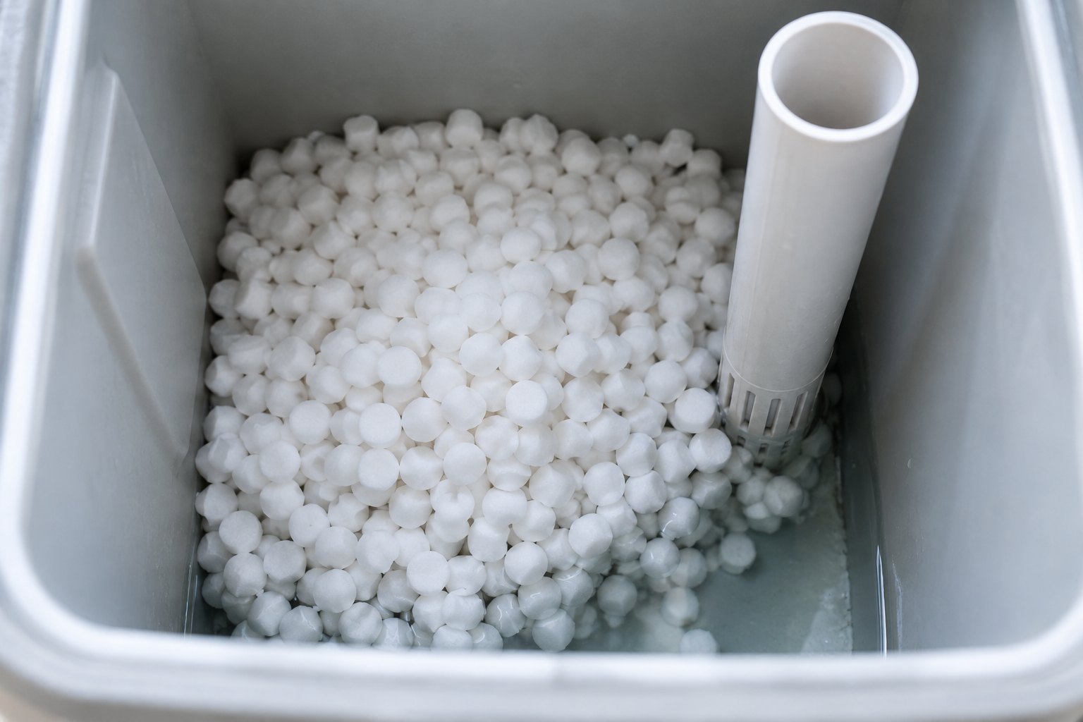 Looking down into a water softener brine tank with salt pellets sitting above the water line