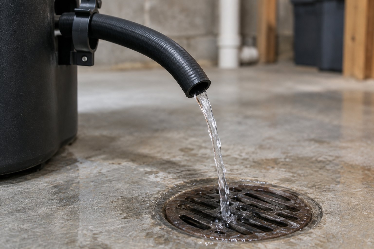Water softener drain hose clipped in place over a floor drain with an air gap during regeneration