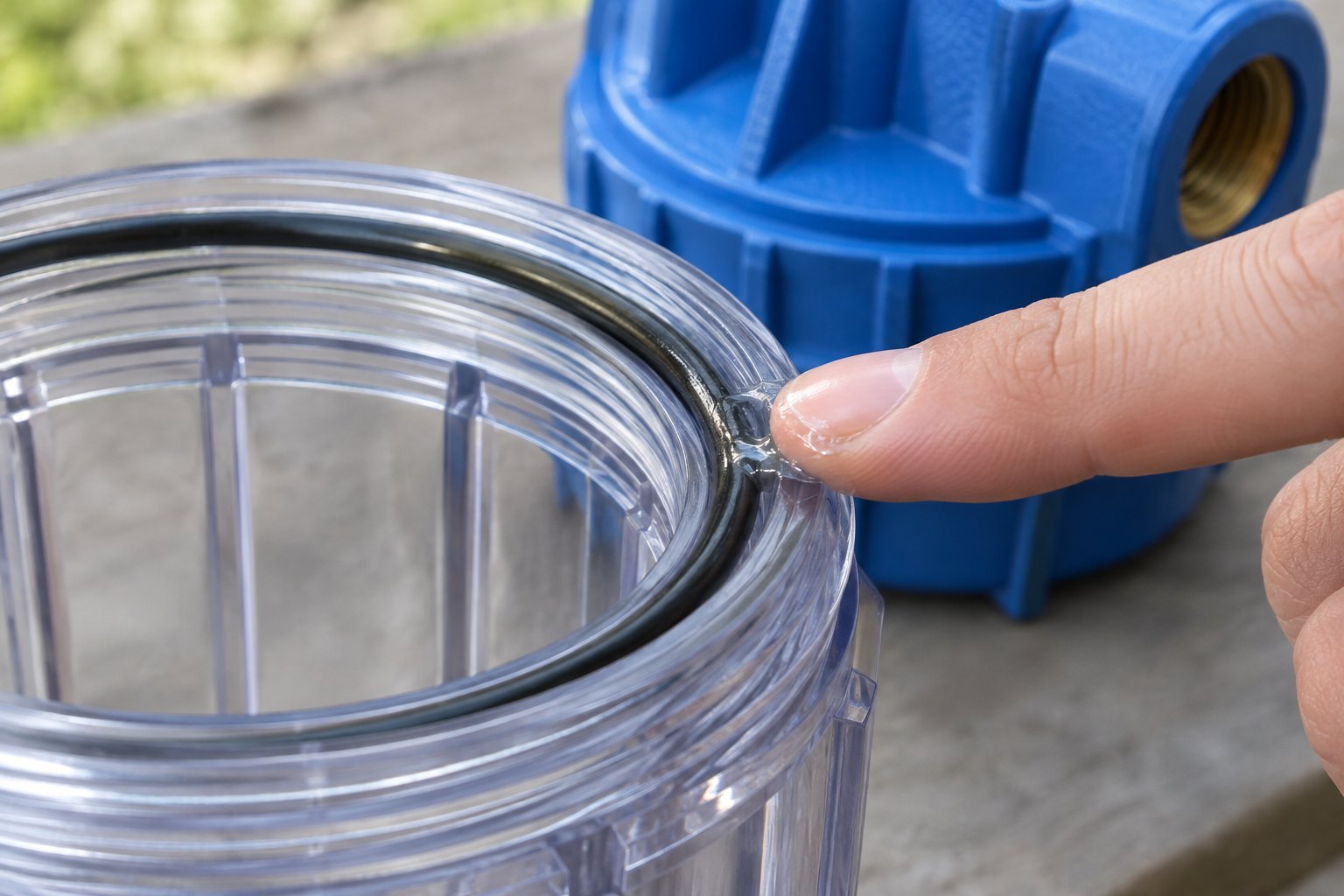 Applying food-grade silicone grease to the O-ring of a whole house filter housing before reinstalling it