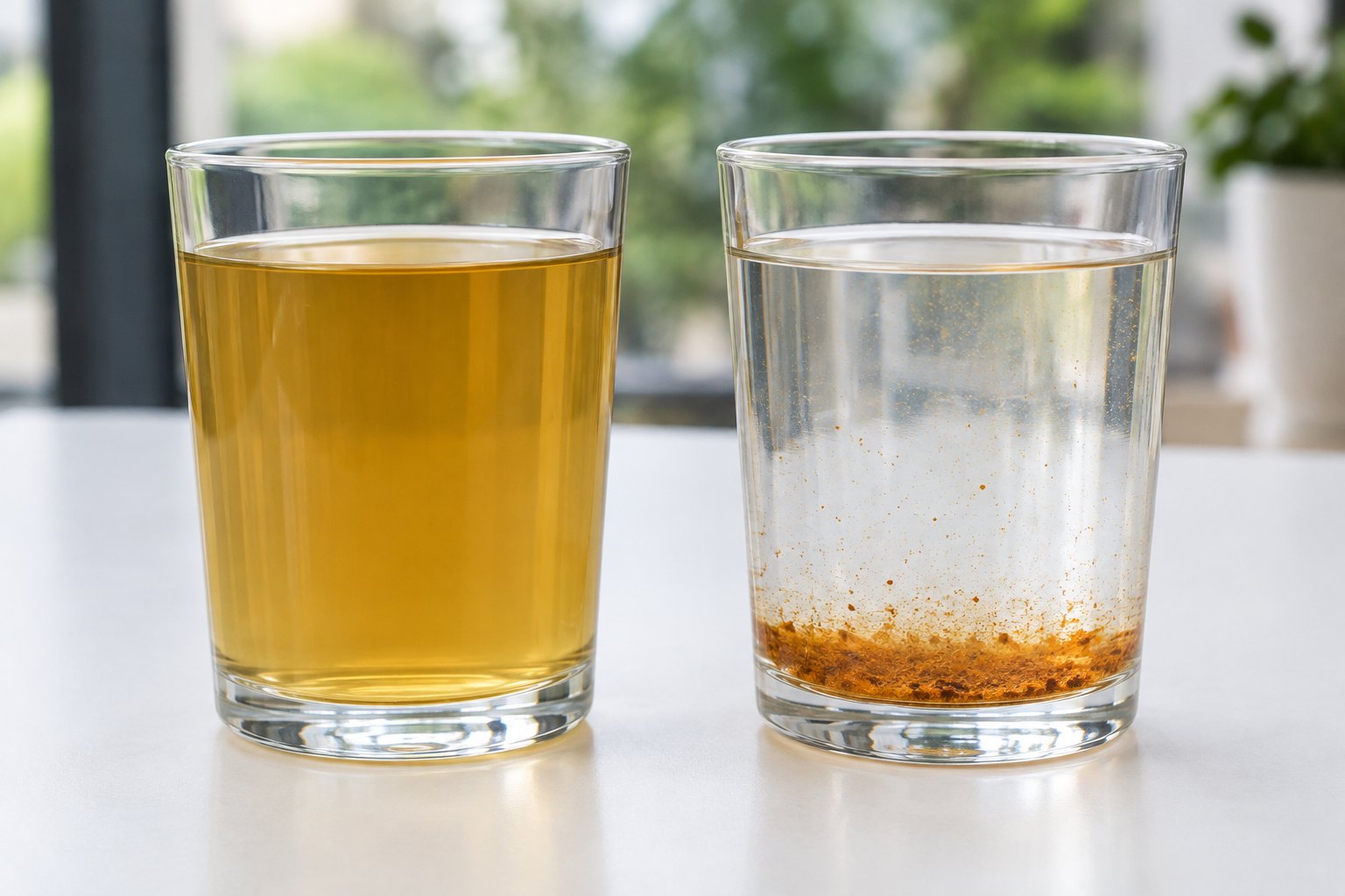 Two clear glasses of well water side by side, one tea-colored from tannins and one with orange iron particles settling to the bottom